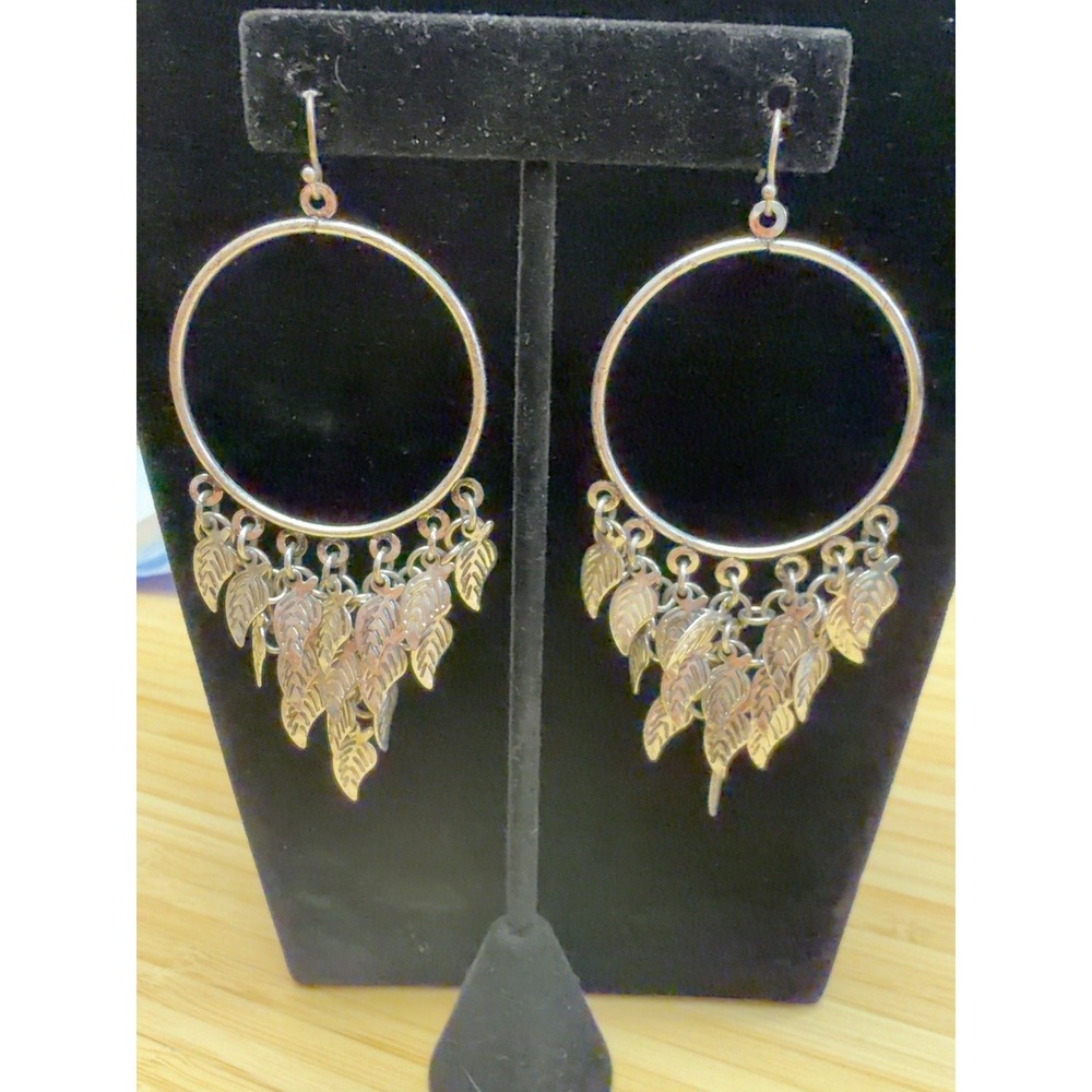 Large Silver Tone Leaf Chandelier Hoop Earrings Boho Dangle Statement Tarnished